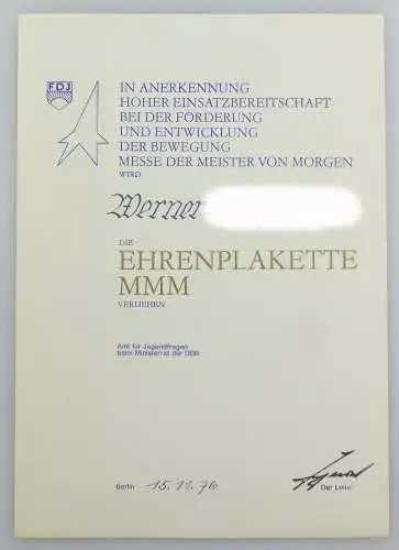 #e7651 Seltene Urkunde MMM v. 1976 aus Nachlass des Generaldirektors der Zentrag