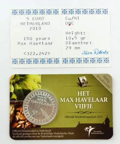 #e7389 5-Euro-Münze Niederlande 2010, 150 Jahre Max Havelaar mit Zertifikat