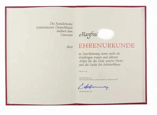 #e6879 DDR Ehrenurkunde für mehr als 40 jährige Arbeit bei der SED Berlin 1986 