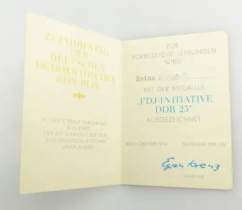 #e3399 Urkunde zum 25. Jahrestag der DDR FDJ-Initiative DDR 25 verl. 1974 Berlin