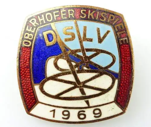 #e2044 Emailliertes Abzeichen DDR 1969 Oberhofer Skispiele DSLV bronzefarben 