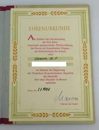 Urkunde: Medaille Treue Dienste in den bewaffneten Organen MdI 1962, Orden2794