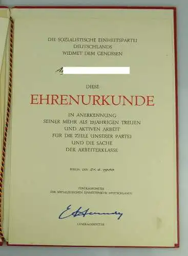 4 Urkunden: SED Ehrenurkunde 25jährige Treue, Medaille ausgezeichnete, Orden2002