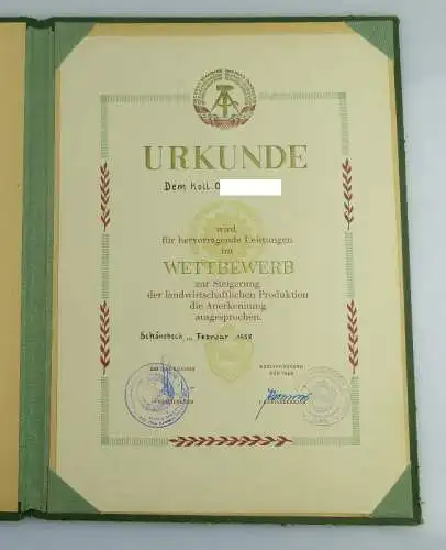 Urkunde Wettbewerb herv. Leistungen landwirtschaftliche Produktion Orden1923