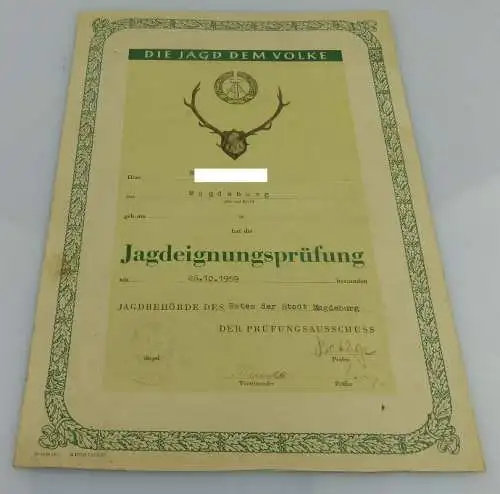 Urkunde: Bestandene Jagdeignungsprüfung, verliehen 1959, Orden1922