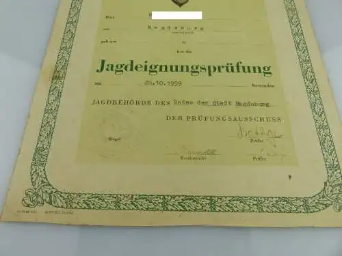 Urkunde: Bestandene Jagdeignungsprüfung, verliehen 1959, Orden1922