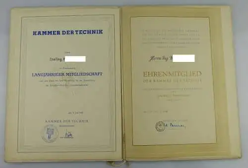 2 Urkunden: Ehrenmitglied Kammer der Technikg, langjährige Mitgliedsc, Orden1909