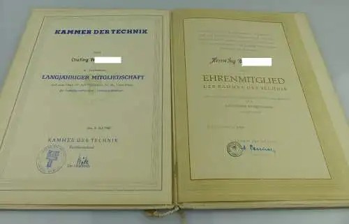 2 Urkunden: Ehrenmitglied Kammer der Technikg, langjährige Mitgliedsc, Orden1909