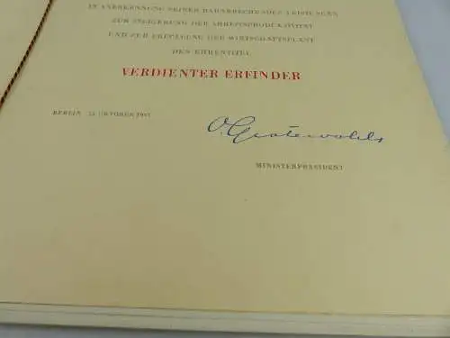 Orden1112 Verdienter Erfinder 1951 verliehen mit Urkunde, vgl. Band I Nr. 55c