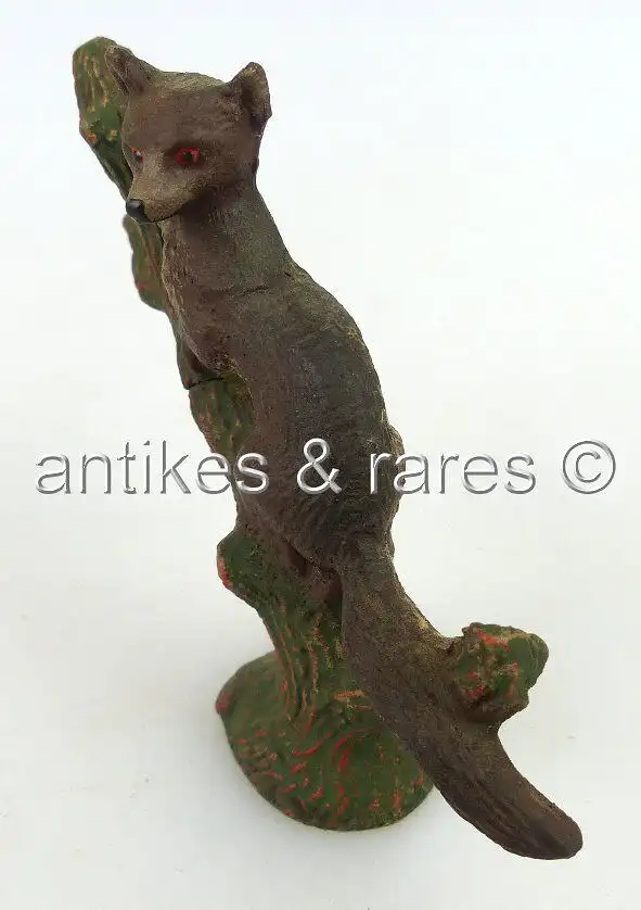 altes Lineol Tier: Fuchs auf einem Stamm, wohl 30er Jahre (linol093) 2