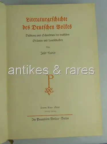 Literaturgeschichte des Deutschen Volkes von Josef Nadler 3. Band 1814-1914