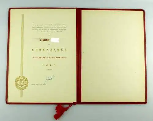 #e2980 Nachlass: DDR Urkunde für Ehrennadel des DTSB in Gold, 1970 verliehen