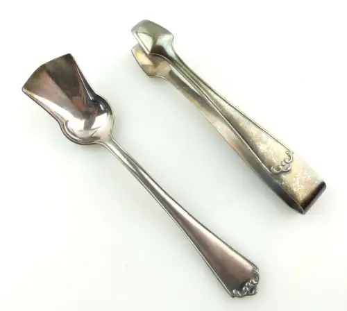 e9319 Zuckerzange und Zuckerlöffel 90 in Silberauflage 