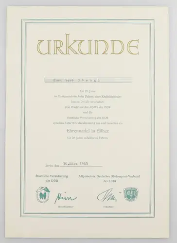 e12331 Urkunde für Ehrennadel Silber für 20 Jahre unfallfreies Fahren ADMV DDR