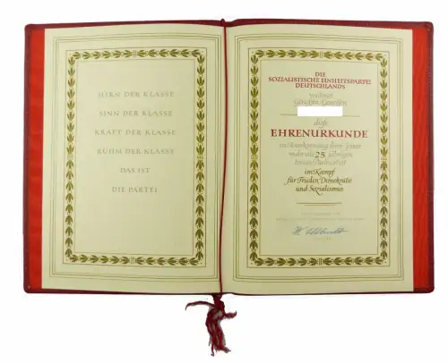 #e6745 DDR Ehrenurkunde SED für 25 jährige treue Parteiarbeit