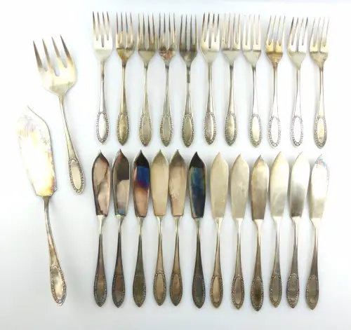 #e6098 Fischbesteck Rosenmuster Rich A. Herder Solingen 90er Silberauflage