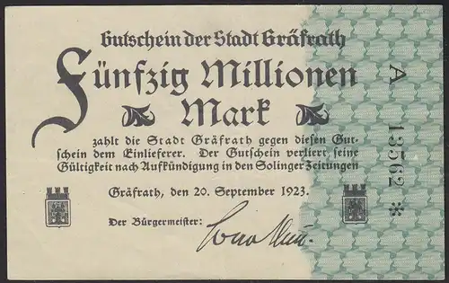 1923 Gräfrath  50 Millionen mark Serie A Starnote Gutschein Notgeld blaugrün Udr