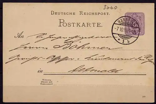 DR Ganzsachen Karte 1889 Reichspost Hannover-Detmold Geschäftskarte  (6884