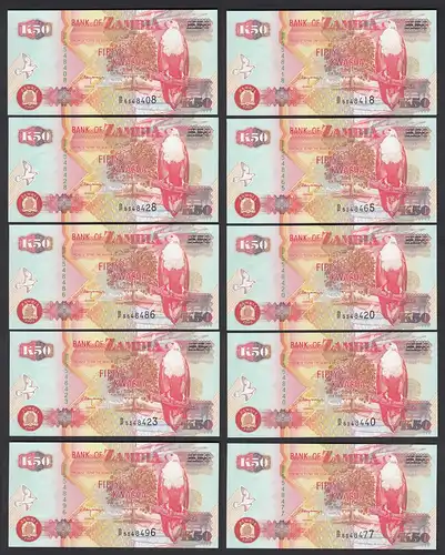 Sambia - Zambia 10 Stück á 50 Kwacha 1992 UNC (1) Pick 37b sig.11    (89015