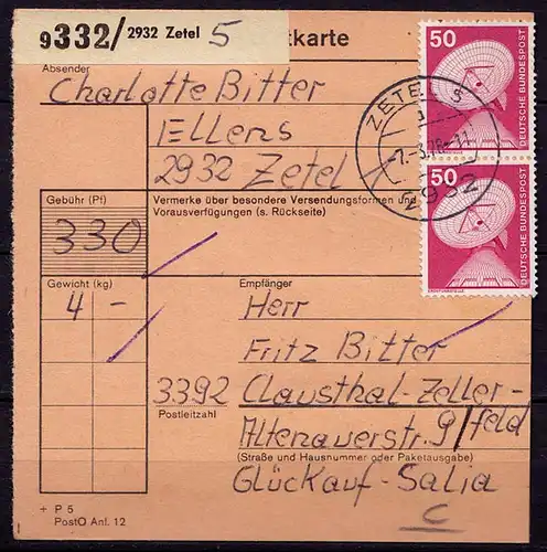 Zetel nach Clausthal-Zellerfeld Paketkarte 1976 (b972