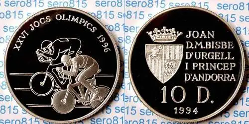 Andorra 10 Diners Silber 1994 PP Olympische Spiele Atlanta 1996 RADRENNEN (n169