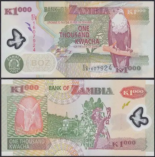 Sambia - Zambia - 1000 Kwacha 2008 Prefix EL Pick 44e - UNC = Kassenfrisch(13103