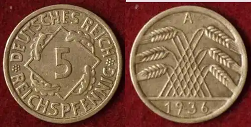 5 Reichs-Pfennig DR 1936 A Jäger Nr. 316    (9811
