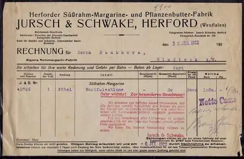 Herford Jursch & Schwanke alte Rechnung 1922 Infla(d024