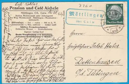 AK Wilderstadt Möttlingen Calw Posthilfstelle/Landpost 1934   (1753