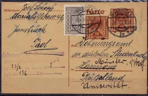 Österreich Innsbruck - Münster Ganzsache Karte 1923 Infla (d029