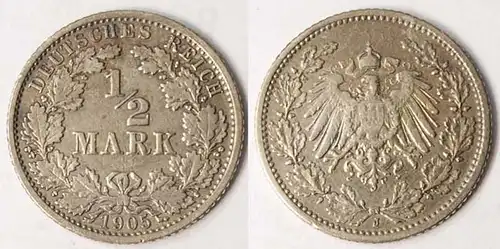 1/2 Mark Kaiserreich EMPIRE 1905 J Silber Jäger 16    (r006