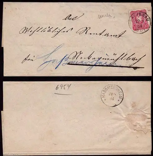 Rappenau n. Hassmersheim DR Umschlag doppelt verwendet 1884   (b151