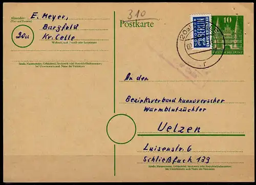 Karte Posthilfstelle/Landpost Bargfeld Kreis Celle 1950 Tierzucht Uelzen  (6049