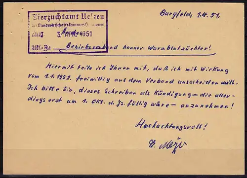 Karte Posthilfstelle/Landpost Bargfeld Kreis Celle 1950 Tierzucht Uelzen  (6049