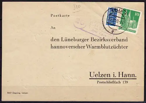 Karte Posthilfstelle Bargfeld über Celle 1950 Tierzucht Uelzen  (6040