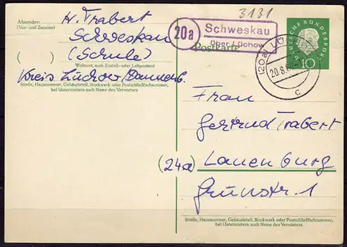 Karte Posthilfstelle Schweskau über Lüchow 1960  (6031