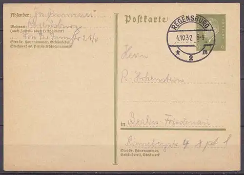 Regensburg nach Berlin-Friedenau Ganzsache 1932   (10300