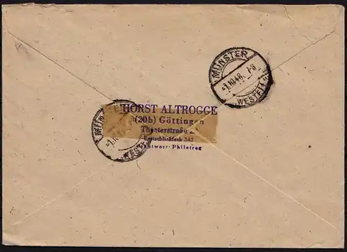 Göttingen - Münster R-Brief Not-R-Zettel MEF Bedarfsbrief 1948 Mef 30 Pfg. (8759