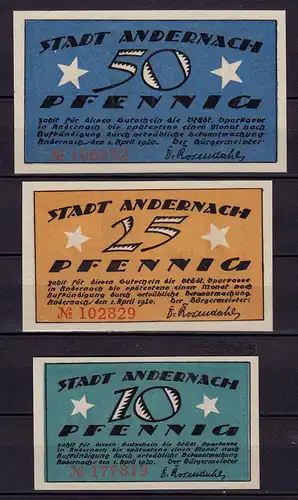 Rheinland Andernach 1920 3 Stück Notgeld  Serie  (c634