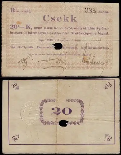 Ungarn - Hungary 20 Korona 1919 City of Pápa Cooperative bank  (15641
