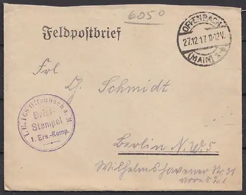 Offenbach - Berlin Feldpost 1.WK 1. Ers. Kompanie 1917   (8777
