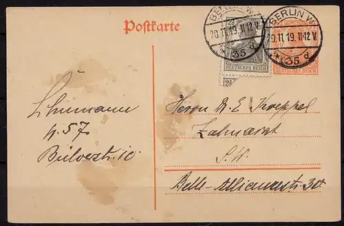 Berlin Infla Ganzsache mit Zusatzfrankatur 1919 (b723