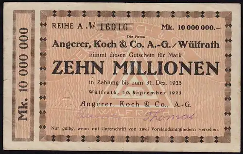 Rheinland - Wülfrath 10 Millionen Mark 1923 Notgeld Angerer Koch NUMMER!  (15675
