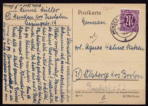Menden Iserlohn AM Karte nach Olsberg 1946     (b191