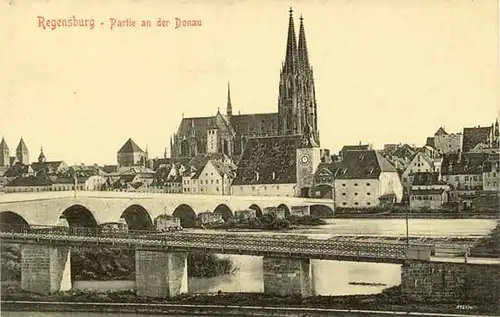 AK Regensburg Eisenbahn-Brücke Dom Donau    (1841