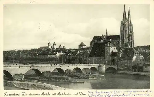 AK Regensburg steinerne Brücke Dom Donau     (1840