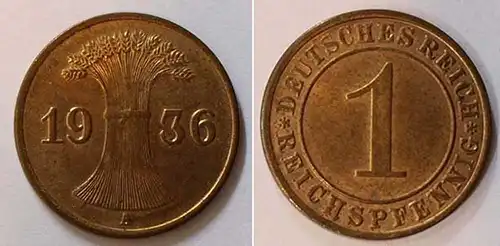 1 Reichspfennig 1936 A - D. Reich Jäger Nr. 313 Super Erhaltung    (b403