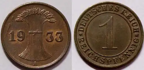 1 Reichspfennig 1933 A - D. Reich Jäger Nr. 313 Erhaltung   (b399