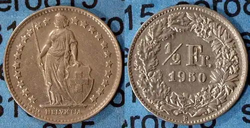 Schweiz - Switzerland 1/2 Franken 1950 SILVER Silber COIN  (7016