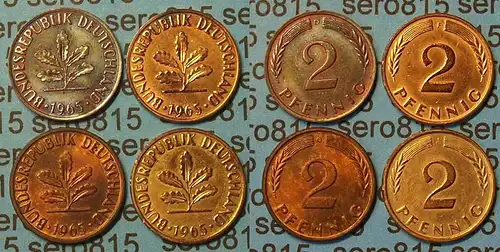 2 Pfennig complete set year 1965 all Mintmarks (444